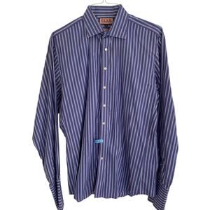 Thomas Pink Blue Striped Poplin Mens Button Down Shirt Slim Fit French Cuff 17.5